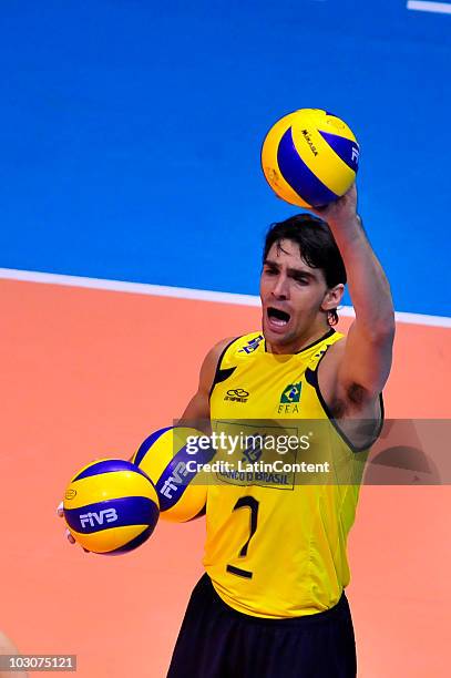 Brazil's Gilberto Filho celebrates the victory against Cuba during their match as part of the FIVB World League Final Six at Orfeo Superdomo Stadium...