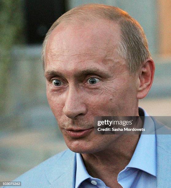 Russian Prime Minister Vladimir Putin speaks to journalists at a presidential residence July 24, 2010 in Foros, near Yalta, in the Crimean Peninsula...