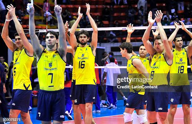 Gilberto Filho Giba of Brazil celebrates with team mates the victory against Cuba during their match as part of the 2010 FIVB Volleyball Final Six at...