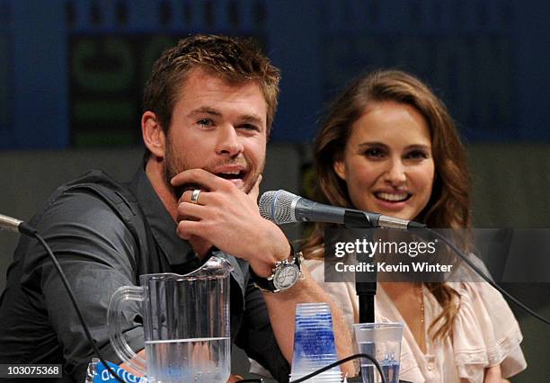 Actor Chris Hemsworth and actress Natalie Portman speak onstage at the Marvel Studios' "Thor" and "Captain America: The First Avenger" panel...