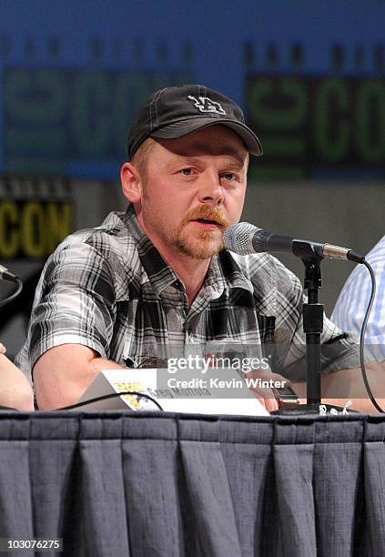 Actor/writer Simon Pegg speaks onstage at the "Paul" panel discussion during Comic-Con 2010 at San Diego Convention Center on July 24, 2010 in San...