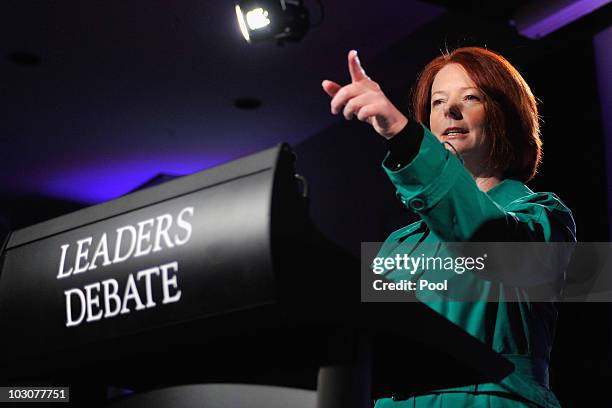 Prime Minister Julia Gillard rehearses prior to the first leaders' debate at the National Press Club on July 25, 2010 in Canberra, Australia. Gillard...