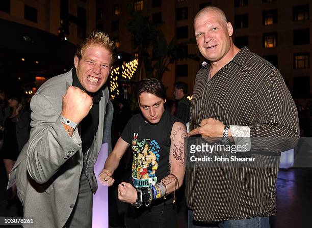 Actor Kieran Culkin with wrestlers Kane and Jack Swagger attend the EW and SyFy party during Comic-Con 2010 at Hotel Solamar on July 24, 2010 in San...