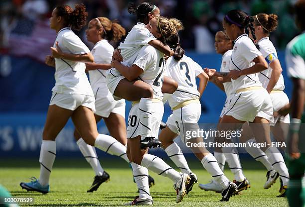 Amber Brooks of USA celebrates after scoring her team's first goal with team mate Crystal Dunn during the FIFA U20 Women's World Cup Quarter Final...