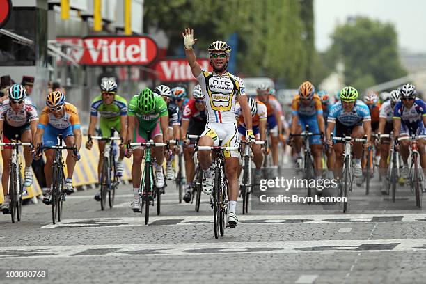 Mark Cavendish of team HTC Columbia celebrates winning the twentieth and final stage of Le Tour de France 2010, from Longjumeau to the Champs-Elysees...