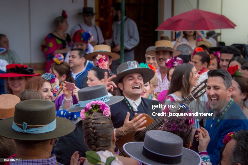 The singing guitarist during the Romeria del Rocio, El Rocio, Spain.