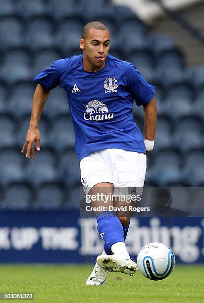 James Vaughan of Everton passes the ball during the pre season friendly match between Preston North End and Everton at Deepdale on July 24, 2010 in...