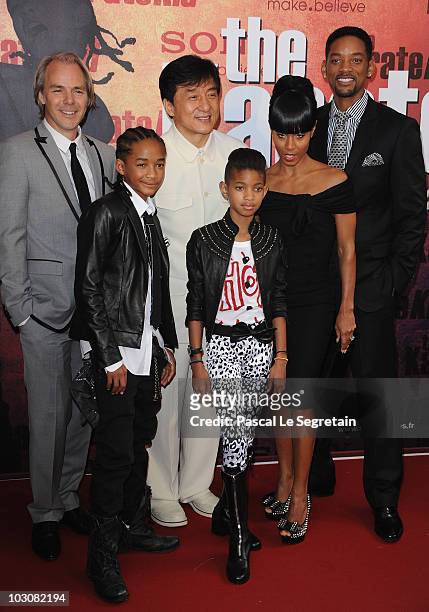 Director Harald Zwart and Actors Jackie Chan, Will Smith ,Jaden Smith, Willow Smith,Jada Pinkett Smith pose as they attend "The Karate Kid" film...