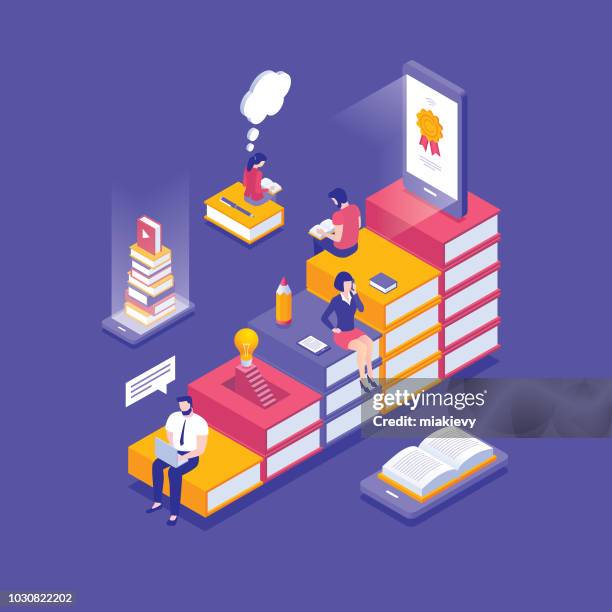 online education isometric concept - women on laptop stock illustrations