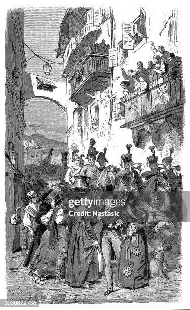 1820-revolution. neapel. die österreichischen truppen, die ankunft in neapel des aufstandes durch die carbonari gestartet - naples italy stock-grafiken, -clipart, -cartoons und -symbole