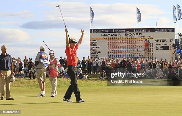 Bernhard Langer of Germany celebrates after the winning putt of the final round of the Senior Open Championship presented by MasterCard played at...