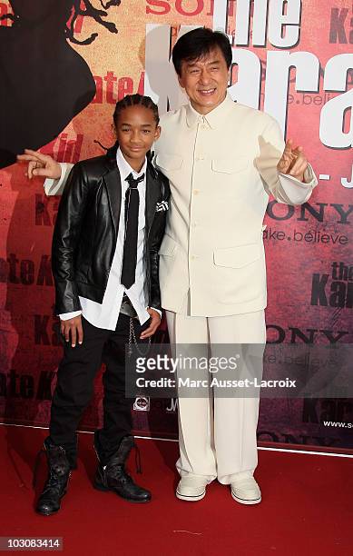 Jaden Smith and Jackie Chan attend 'The Karate Kid' Paris Premiere - Photocall at Le Grand Rex on July 25, 2010 in Paris, France.