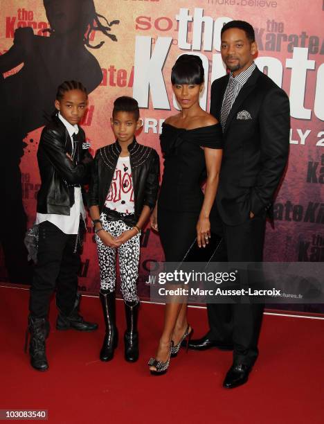 Jaden Smith, Willow Smith, Jada Pinkett Smith and Will Smith pose for 'The Karate Kid' Paris Premiere - Photocall at Le Grand Rex on July 25, 2010 in...