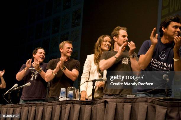 Jon Favreau, Daniel Craig, Olivia Wilde and and Sam Rockwell speak at the Cowboys and Aliens panel at Comic-Con on July 24, 2010 in San Diego,...