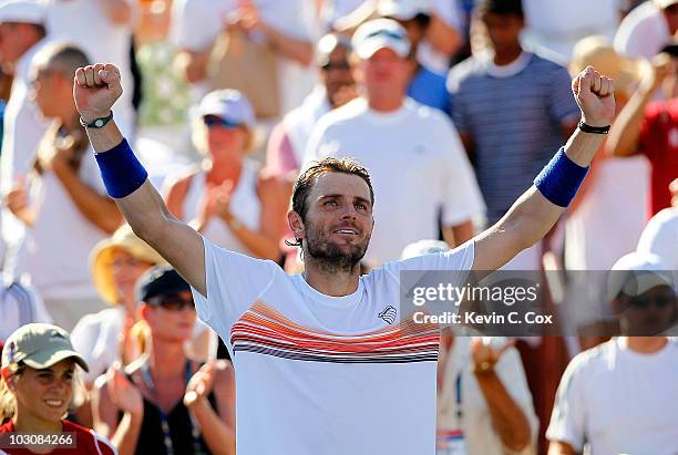 Mardy Fish reacts after defeating John Isner in the finals of the Atlanta Tennis Championships at the Atlanta Athletic Club on July 25, 2010 in...