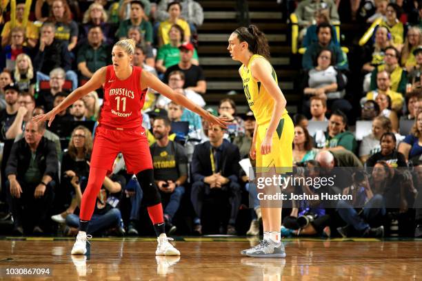 Elena Delle Donne of the Washington Mystics is on guard against Breanna Stewart of the Seattle Storm during Game Two of the 2018 WNBA Finals on...