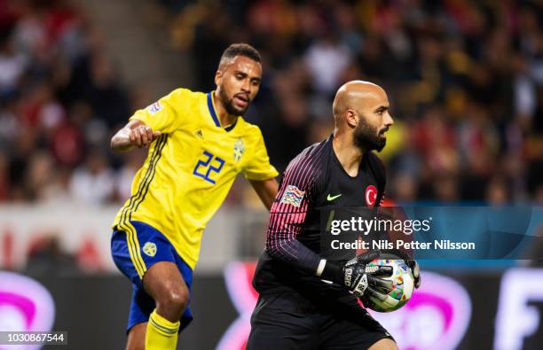 Isaac Kiese Thelin of Sweden and Sinan Bolat of Turkey during the UEFA Nations League B group two match between Sweden and Turkey on September 10,...