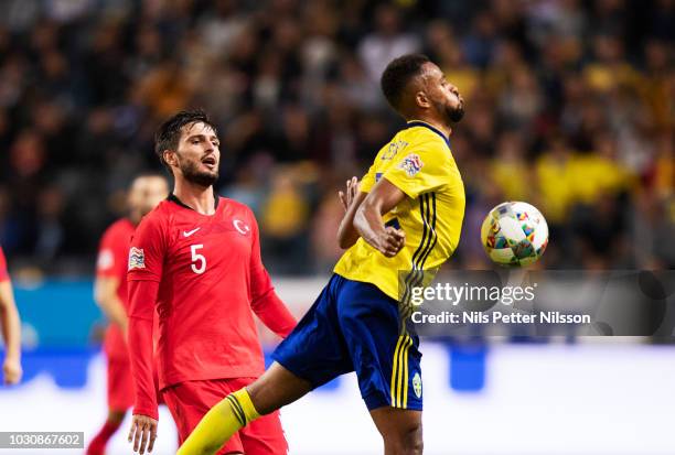 Okay Yokulu of Turkey and Isaac Kiese Thelin of Sweden during the UEFA Nations League B group two match between Sweden and Turkey on September 10,...