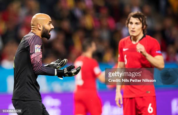 Sinan Bolat of Turkey reacts during the UEFA Nations League B group two match between Sweden and Turkey on September 10, 2018 at Friends Arena in...