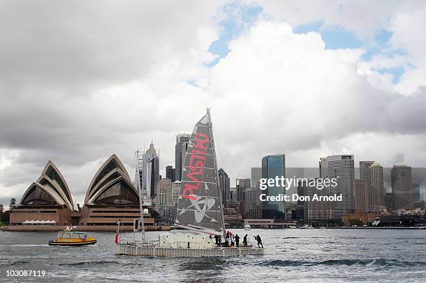 British adventurer and environmentalist David de Rothschild sails as the "Plastiki" arrives at Sydney Harbour, completing the 12,860 kilometre...
