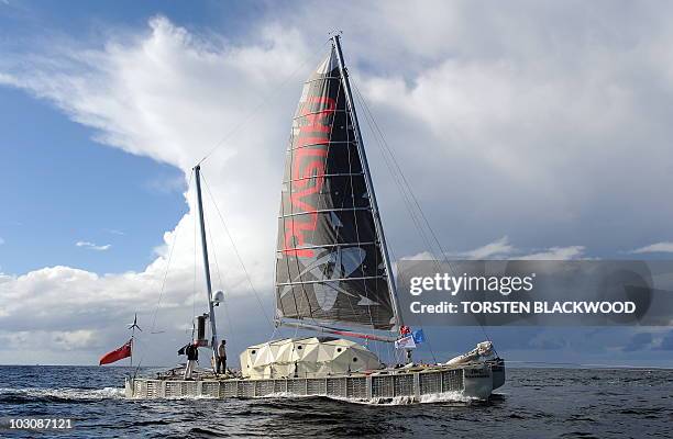 The 'Plastiki', a boat made from 12,500 plastic bottles, completes her 8,000-nautical mile trans-Pacific voyage from San Francisco as she approaches...