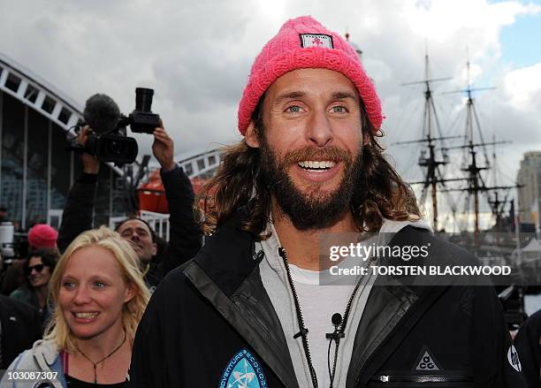 Expedition leader David de Rothschild , the youngest heir to Britain's Rothschild family banking fortune, and skipper Jo Royle disembark the...