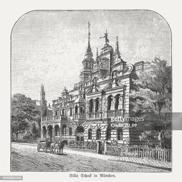 villa schack in munich, bavaria, germany, wood engraving, published 1888 - neo classical stock illustrations