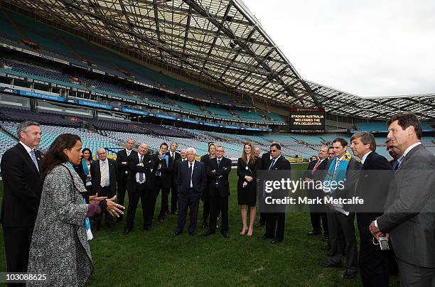 Cathy Freeman speaks to FIFA delegates and FFA officials during the FIFA Australian Inspection Tour at Stadium Australia on July 26, 2010 in Sydney,...