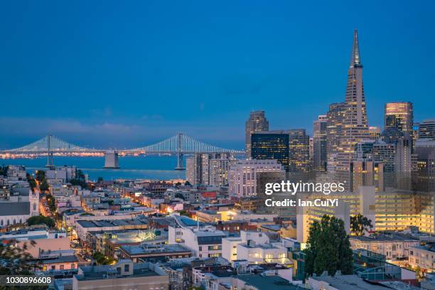 night over san francisco downtown and bay bridge from ina coolbrith park, usa (dusk) - san francisco bay bridge 個照片及圖片檔