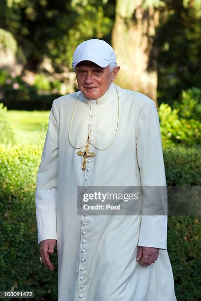 Pope Benedict XVI walks in the gardens of his summer residence on July 26, 2010 in Castel Gandolfo, near Rome, Italy. The Pontiff will visit England...