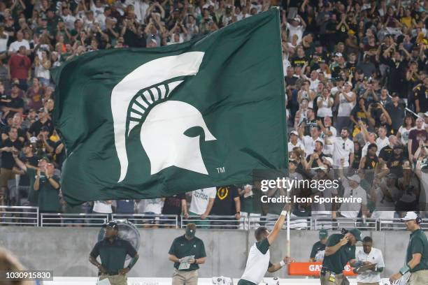 The Michigan State Spartans logo on a flag during the college football game between the Michigan State Spartans and the Arizona State Sun Devils on...