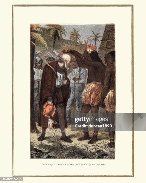 ilustraciones, imágenes clip art, dibujos animados e iconos de stock de cacique colocando una corona en christopher columbus - christopher columbus natives