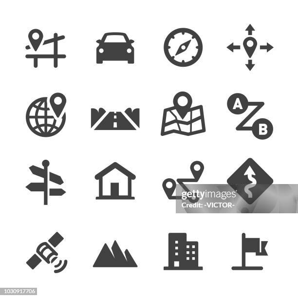 stockillustraties, clipart, cartoons en iconen met road trip en navigatie pictogrammen - acme serie - stappenplan