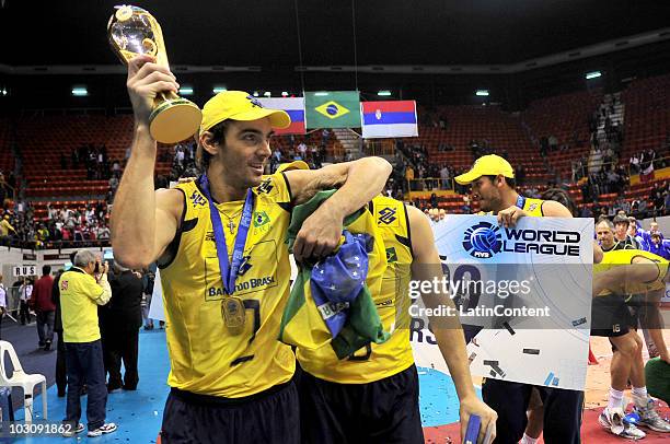 Gilberto Filho Giba and Murillo Endres of Brazil celebrate their victory against Russia and the first place at 2010 FIVB World League at Orfeo...