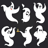 Funny Halloween ghost set in different poses. White flying spooky ghost silhouette isolated on dark background. Traditional festive element for your design. Vector illustration.