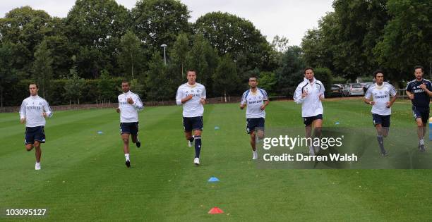 Ricardo Carvalho, Ashley Cole, John Terry, Jose Bosingwa, Frank Lampard and Paulo Ferreira of Chelsea during a training session at the Cobham...