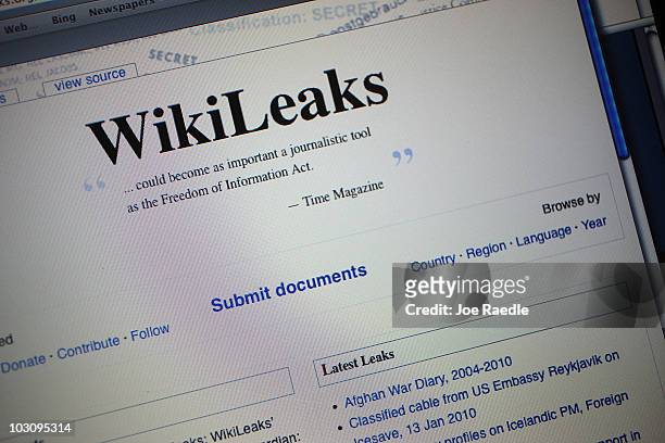 The homepage of the WikiLeaks.org website is seen on a computer after leaked classified military documents were posted to it July 26, 2010 in Miami,...