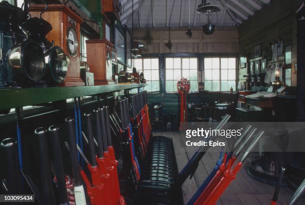 The interior of the signal box at Horsted Keynes, along the Bluebell Railway which began operation from Lewes To East Grinstead in 1882, April 1978.