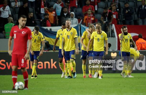 Viktor Claesson of Sweden celebrates with his teammates after the UEFA Nations League, Group 2 of League B soccer match between Sweden and Turkey at...