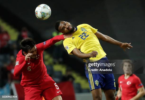 Okay Yokuslu of Turkey in action against Isaac Thelin of Sweden during the UEFA Nations League, Group 2 of League B soccer match between Sweden and...