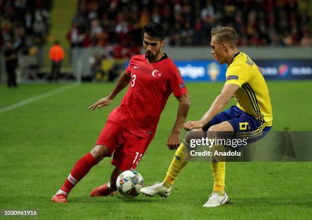 Zeki Celik of Turkey in action against Ludwig Augustinsson of Sweden during the UEFA Nations League, Group 2 of League B soccer match between Sweden...