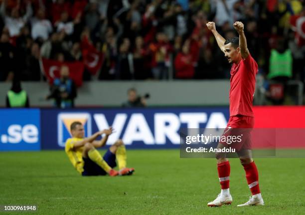 Serdar Gurler of Turkey celebrates after the UEFA Nations League, Group 2 of League B soccer match between Sweden and Turkey at Friends Arena in...