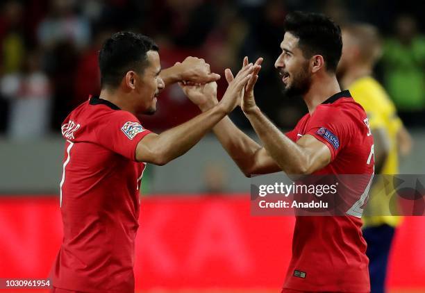 Emre Akbaba of Turkey celebrates with his team mate Serdar Gurler of Turkey after scoring a goal during the UEFA Nations League, Group 2 of League B...