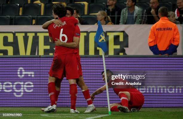 Emre Akbaba of Turkey celebrates with his team mate Caglar Soyuncu of Turkey after scoring a goal during the UEFA Nations League, Group 2 of League B...