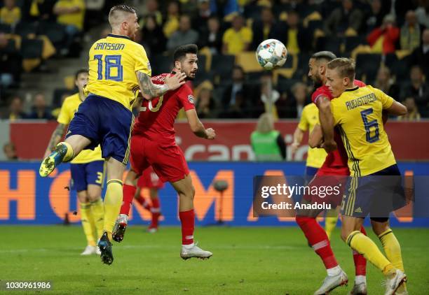 Emre Akbaba of Turkey in action against Jansson of Sweden during the UEFA Nations League, Group 2 of League B soccer match between Sweden and Turkey...