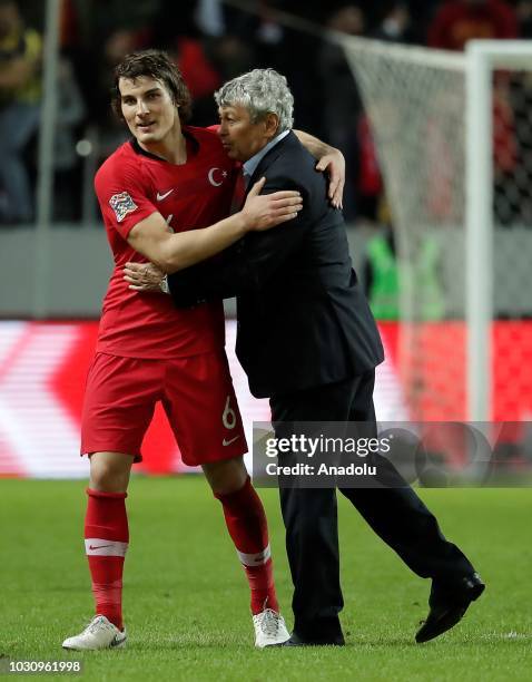 Caglar Soyuncu celebrates with head coach Mircea Lucescu of Turkey after the UEFA Nations League, Group 2 of League B soccer match between Sweden and...