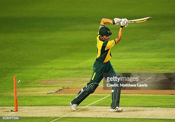 Alex Hales of Nottinghamshire is bowled by Yasir Arafat of Sussex during the Friends Provident T20 Quarter Final match between Nottinghamshire and...