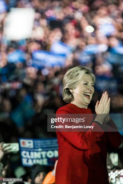 Presidential candidate Hillary Clinton addresses her supporters the night before the 2016 elections at the Independence Hall in Philadelphia, PA on...