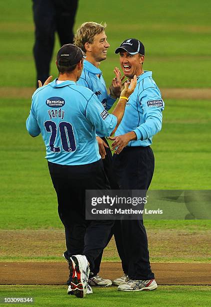 Murray Goodwin of Sussex is congratulated, after running out Matthew Wood of Nottinghamshire during the Friends Provident T20 Quarter Final match...