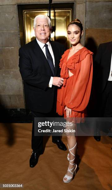 Dennis Basso and Luna Blaise backstage at the Dennis Basso Spring/Summer 2019 Collection Runway Show during New York Fashion Week at Cipriani 42nd...